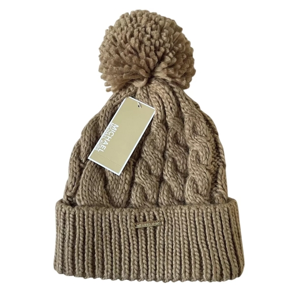 Michael Kors Accessories - Michael Kors Cable Knit Cuffed Beanie Hat With Pom Pom Camel One Size